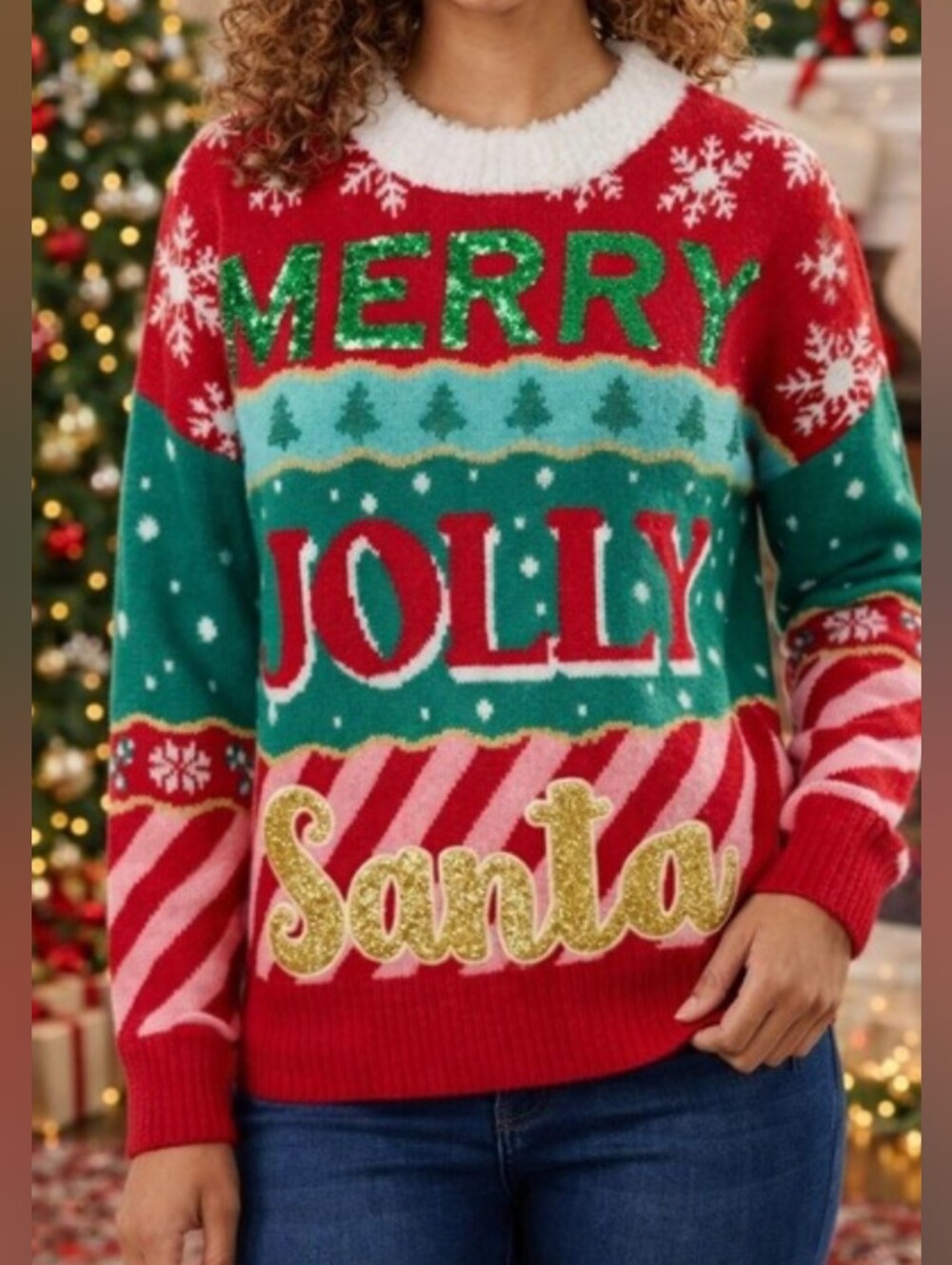 Merry Jolly Santa Holiday Crewneck Sweater - Red, Green, Gold